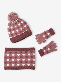 Meisje-Accessoires-Meisjesmuts, sjaal, handschoenen-Set muts + snood + handschoenen met hartjes meisje