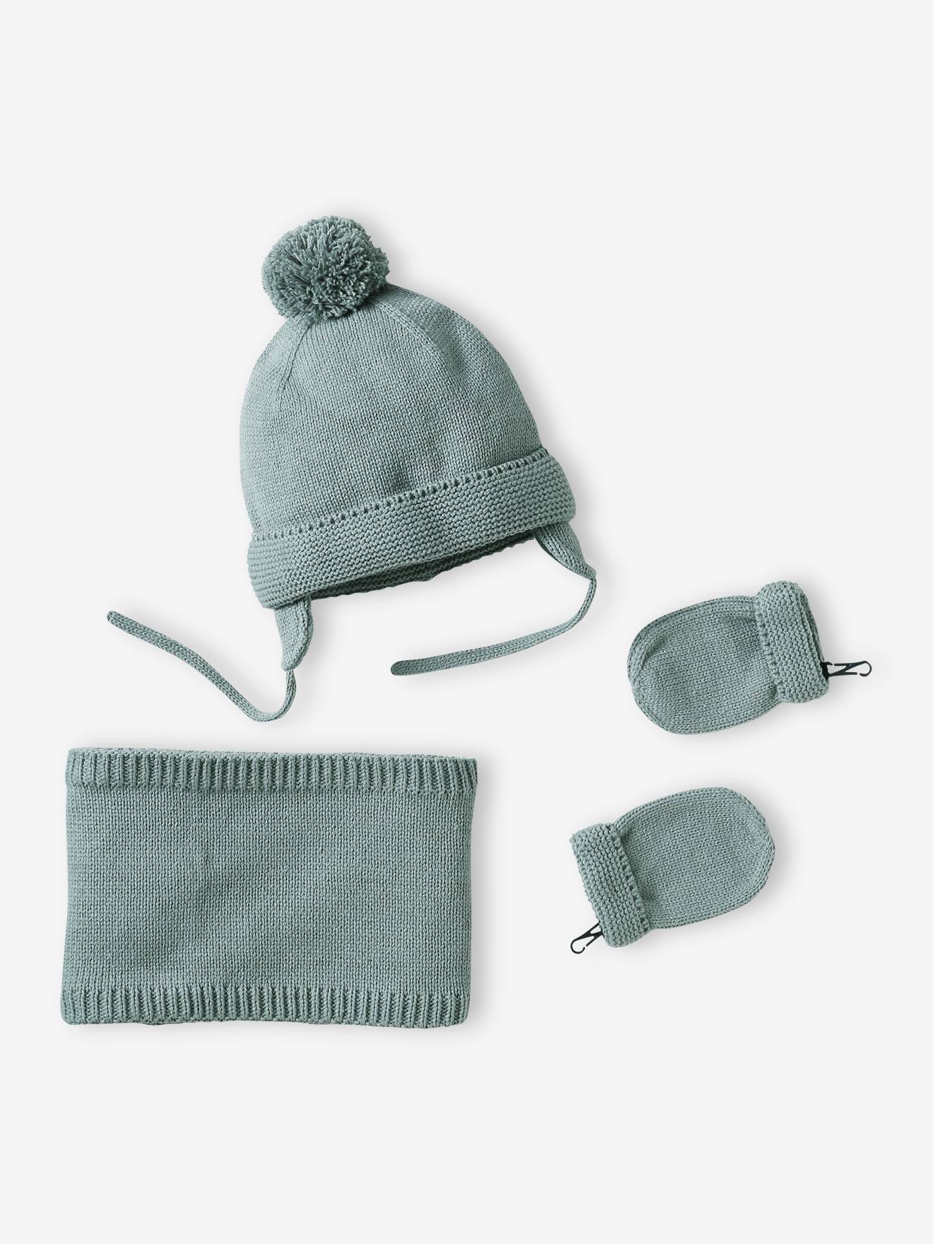 Vertbaudet Set Voor Babyjongen Met Mutsje + Snood + Wanten Basics Blauwgroen