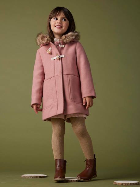 Fille-Manteau, veste-Duffle-coat à capuche en drap de laine fille fermé par brandebourgs