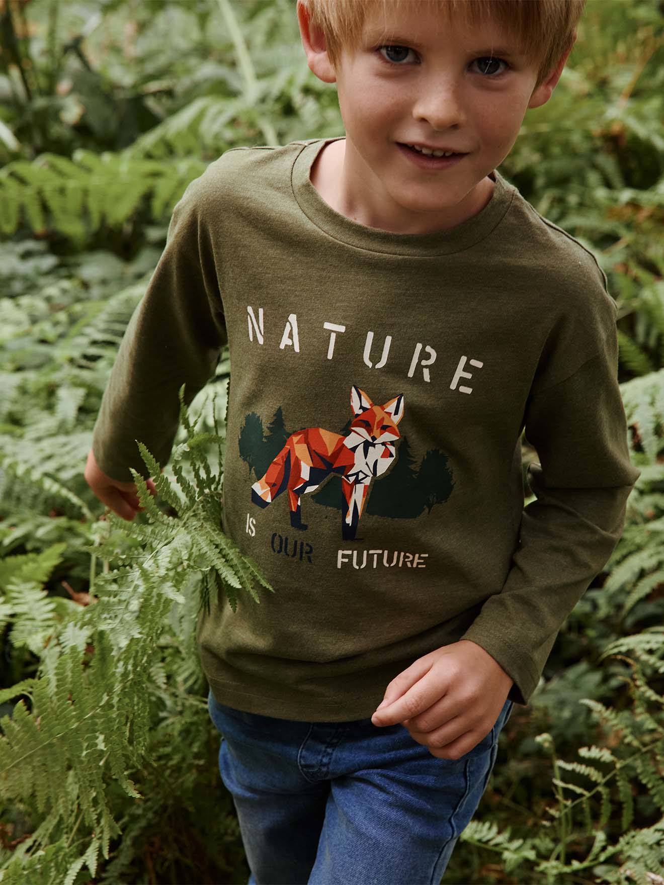 Vertbaudet Jongens-T-shirt Met Vossenmotief En Lange Mouwen Gemêleerd Groen