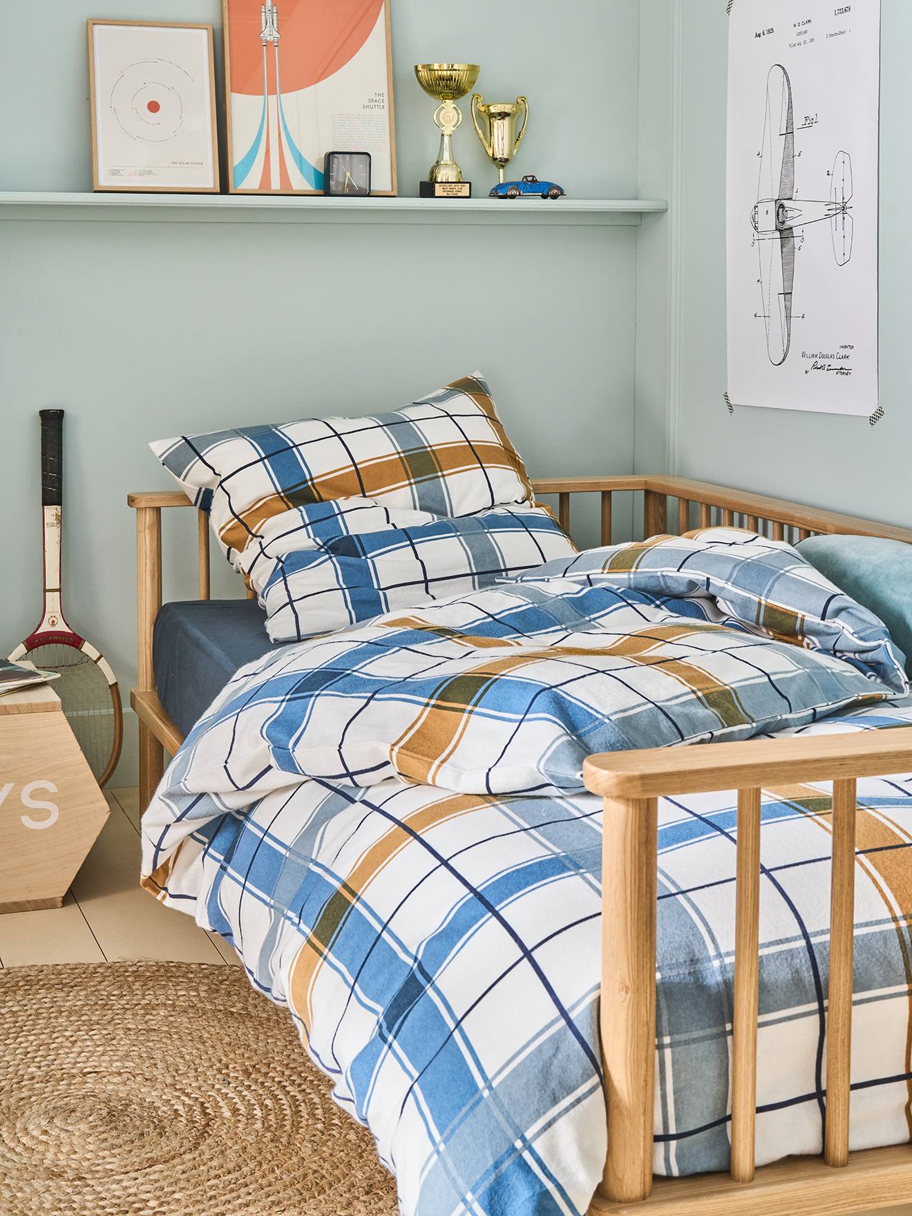 Vertbaudet Kinderdekbedovertrek + Kussensloop In Retro Winter Flanel, Met Gerecycled Katoen Marineblauw, Gestreept