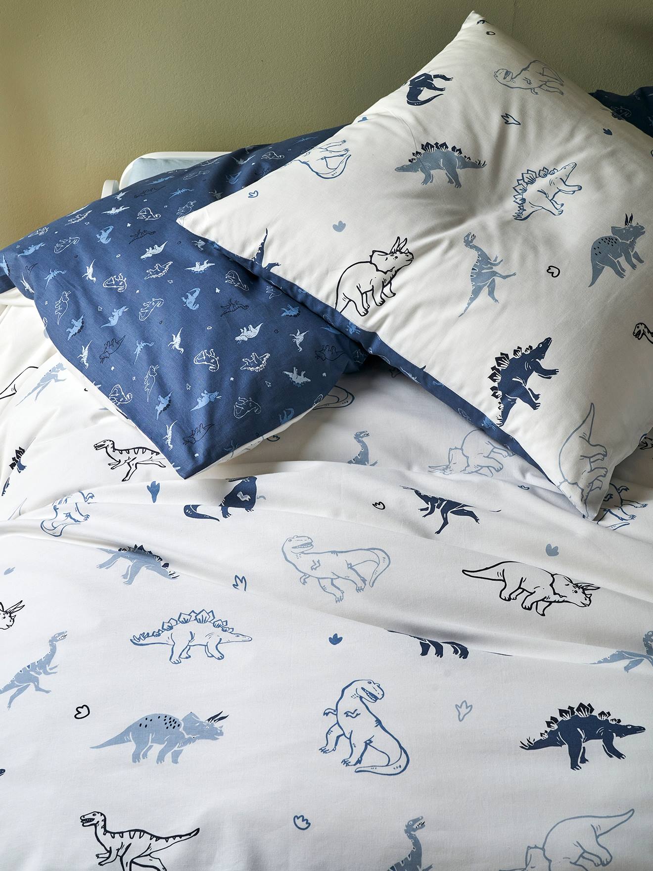 Vertbaudet Set Dekbedovertrek + Kussensloop Voor Kinderen Hello Dinos Basics Ecru/groen