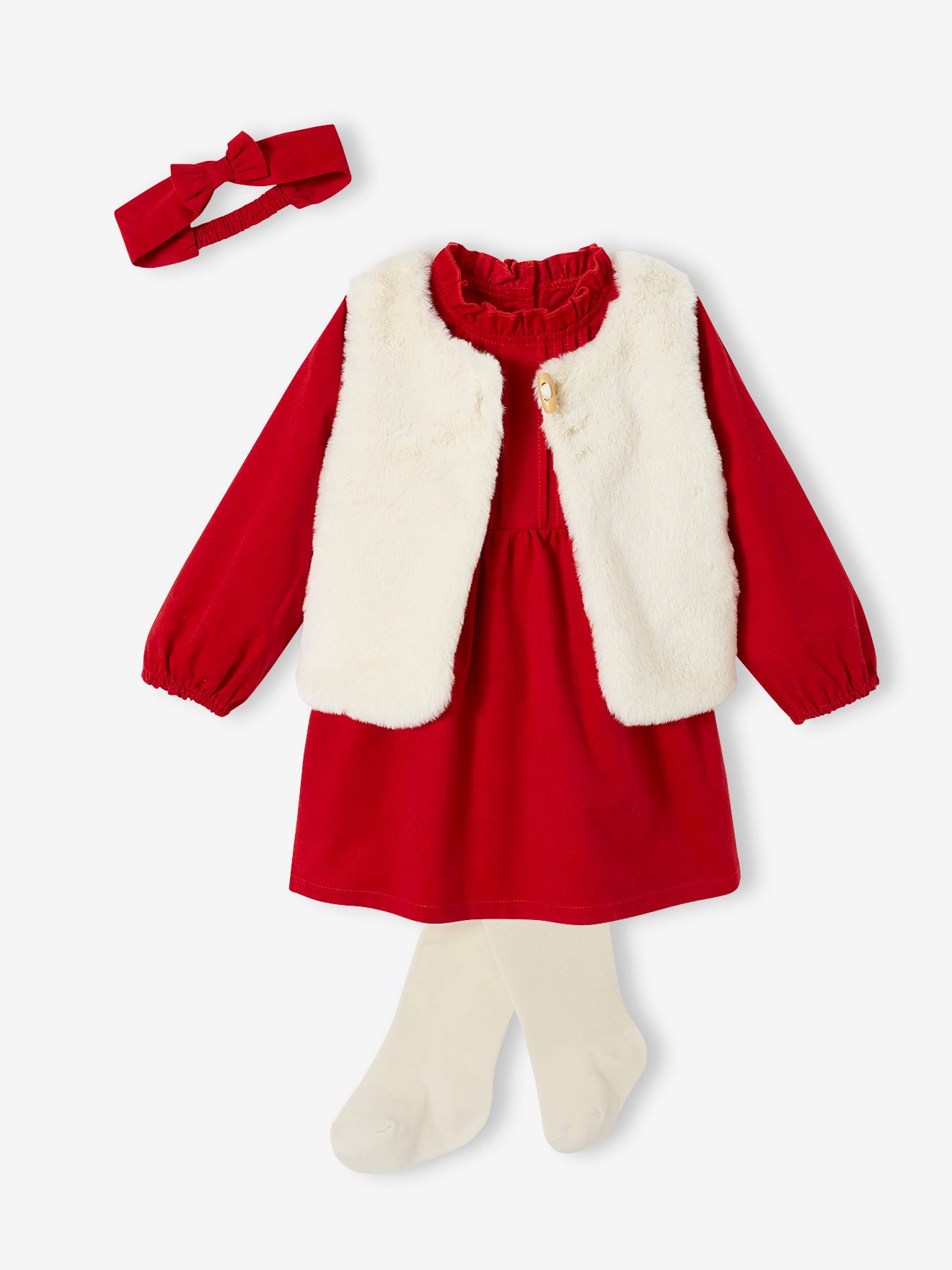 Vertbaudet Baby Kerstset, Jurk, Vest Van Imitatiebont, Maillot En Bijpassende Hoofdband Rood