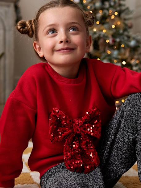 Fille-Pull, gilet, sweat-Sweat fille Noël noeud en sequins 