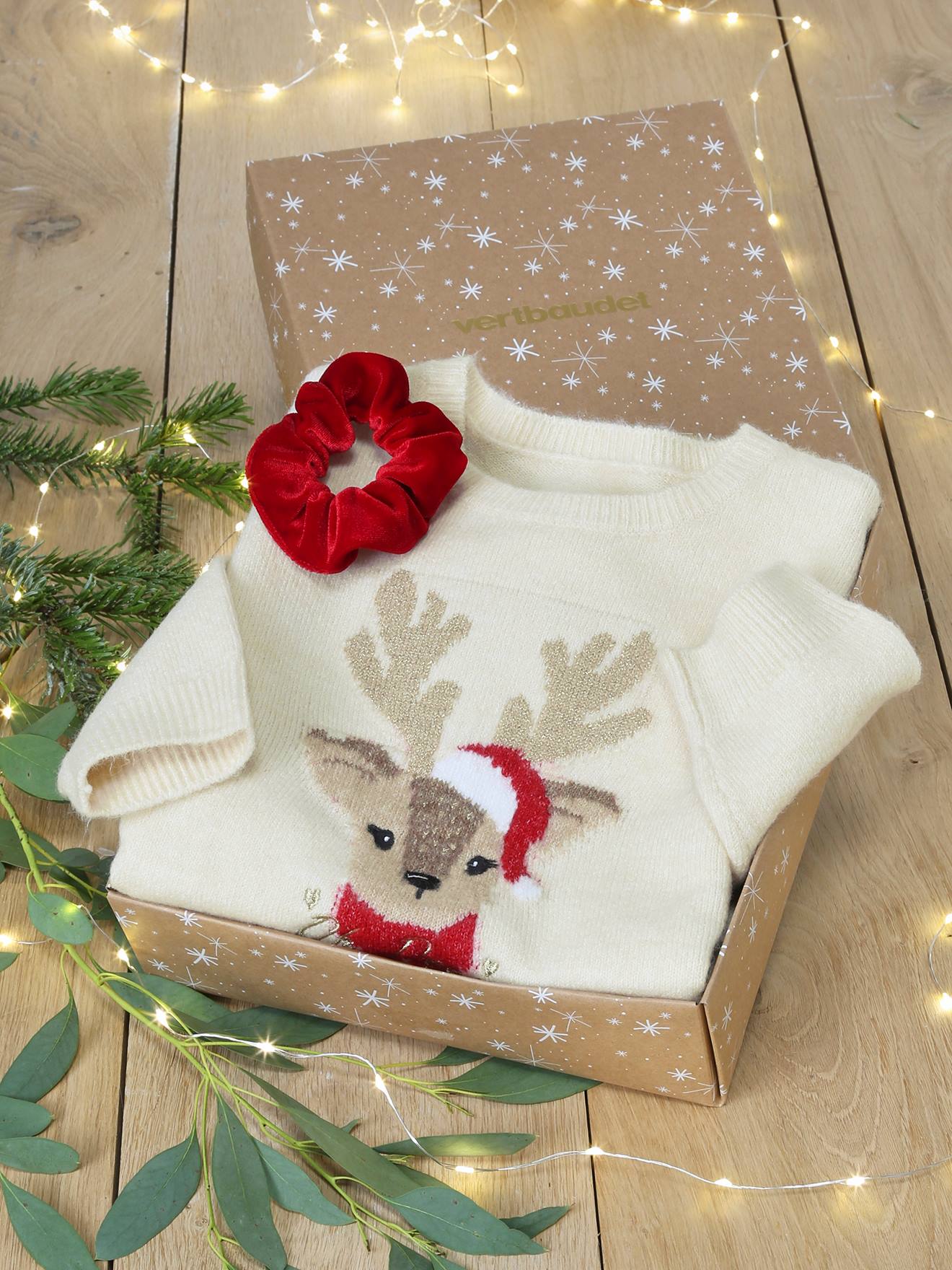 Vertbaudet Kerstcadeauverpakking "Renne" Jacquard Trui + 2 Scrunchies Voor Meisjes Ecru