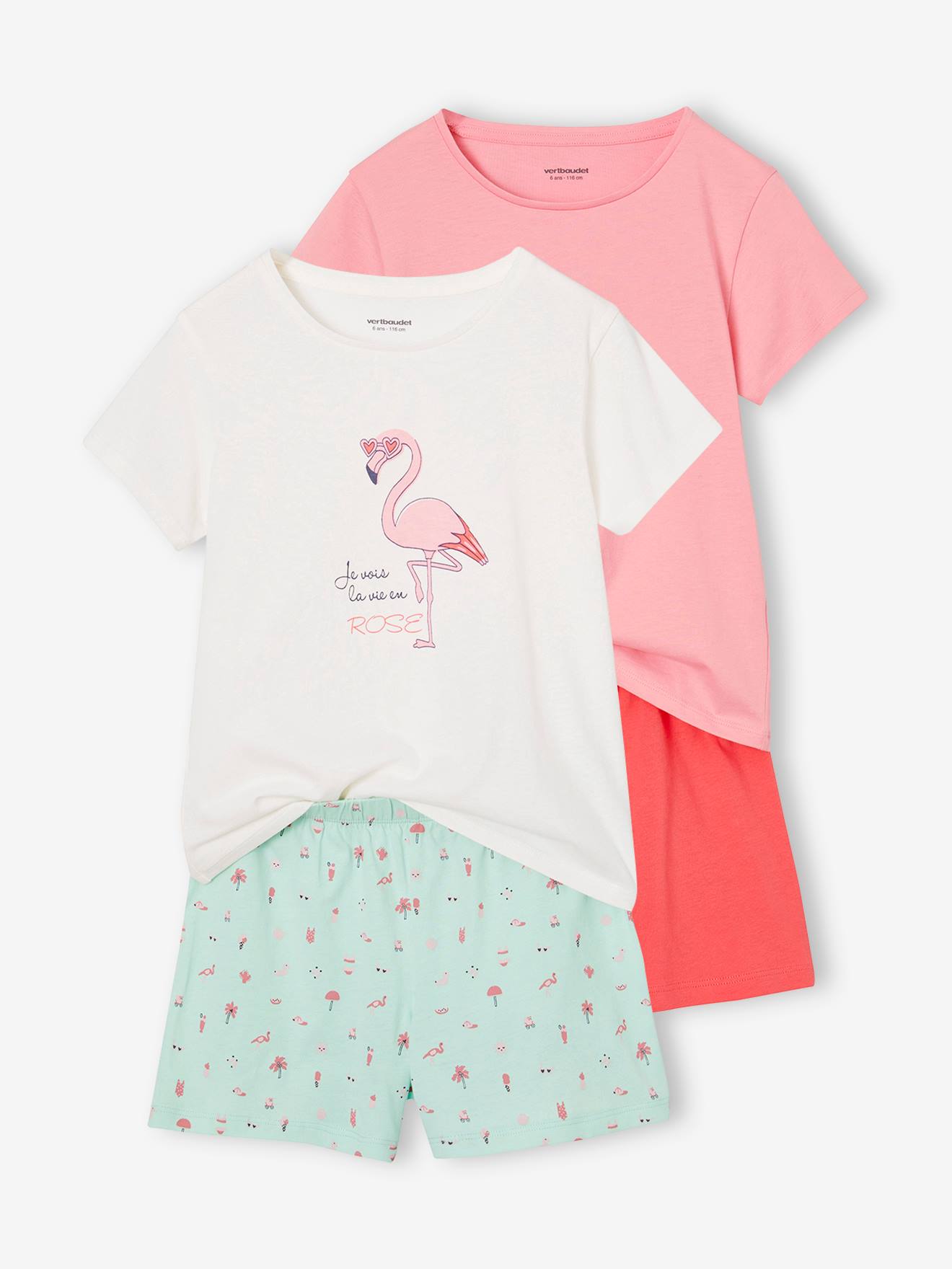 Vertbaudet Lot 2 Meisjespyjama's 1 Regenboogmotief + 1 Roze Flamingo-motief Turquoiseblauw