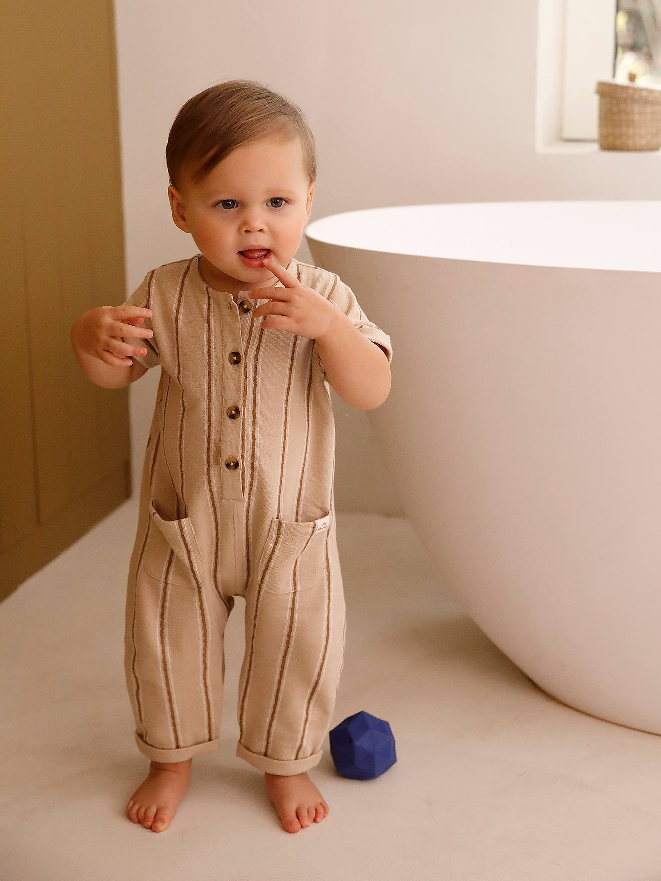 Vertbaudet Gestreepte Gebreide Babyromper Zandbeige