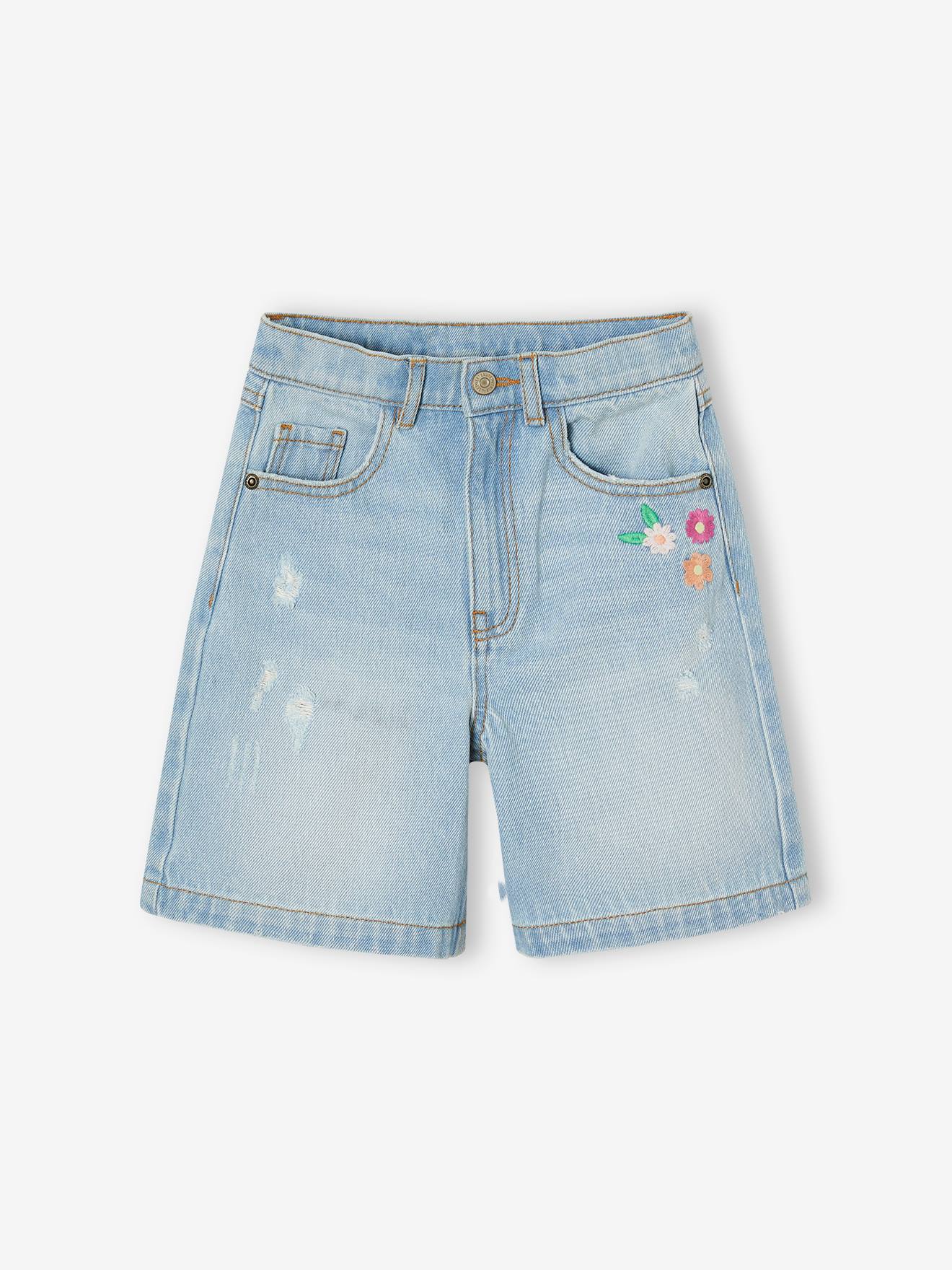 Vertbaudet Bermuda Jeans Met Geborduurde Bloemen Lichtblauw