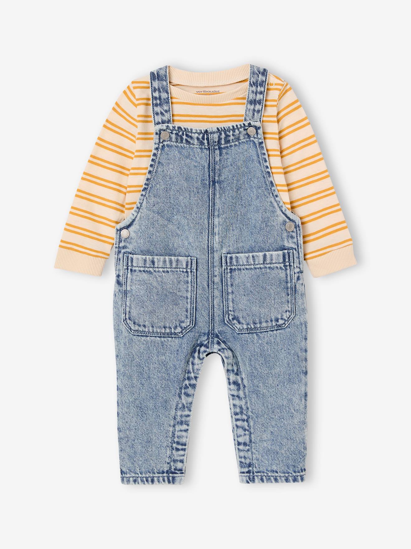 Vertbaudet Babyset Gestreept T-shirt En Jeans Tuinbroek Double Stone