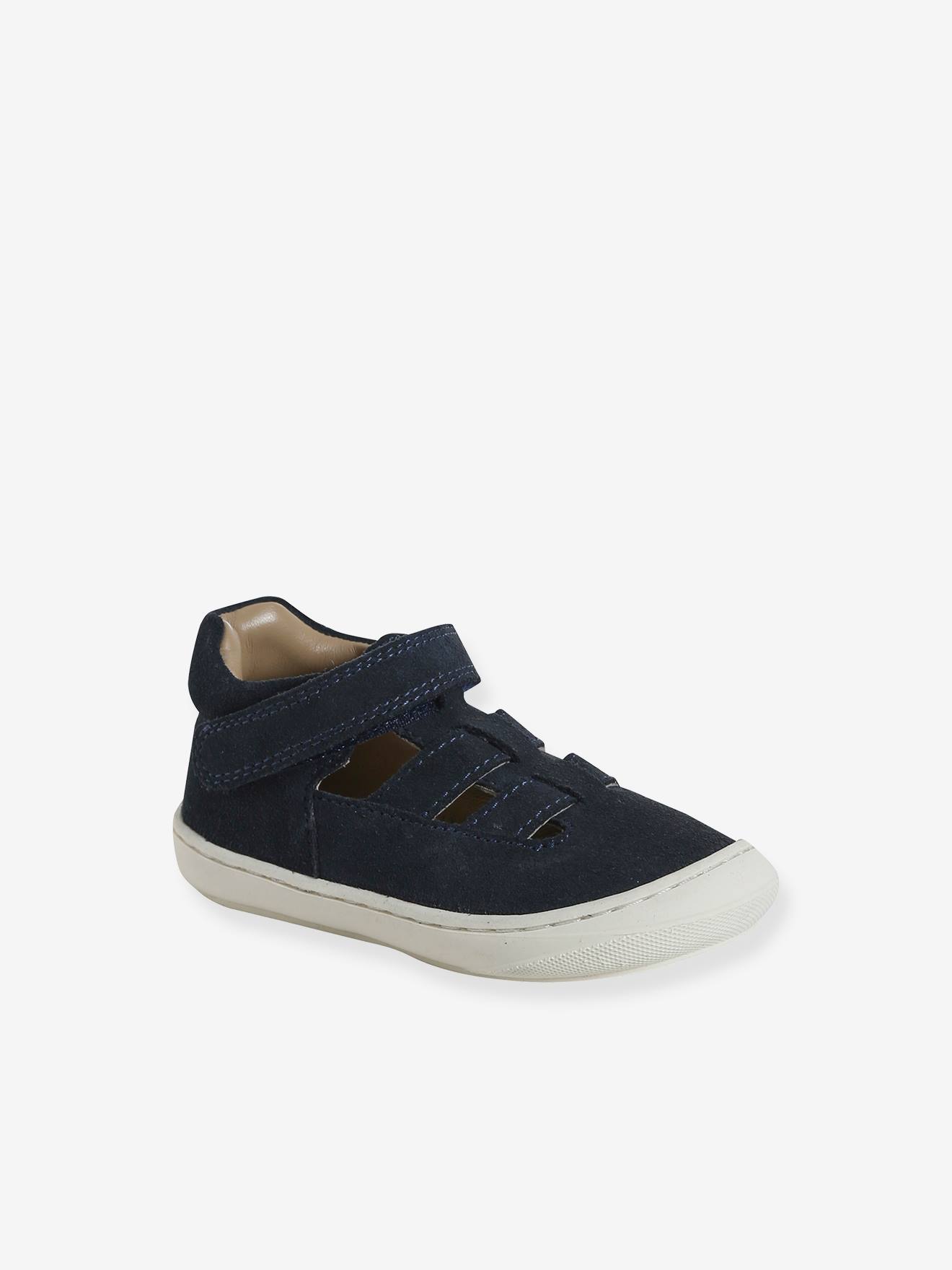 Babysandalen met klittenbandsluiting van leer voor de eerste stapjes marineblauw