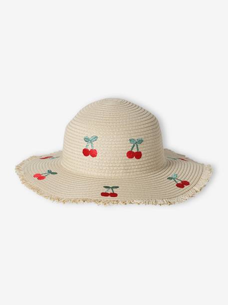 Fille-Accessoires-Chapeau en paille de papier avec cerises brodées fille