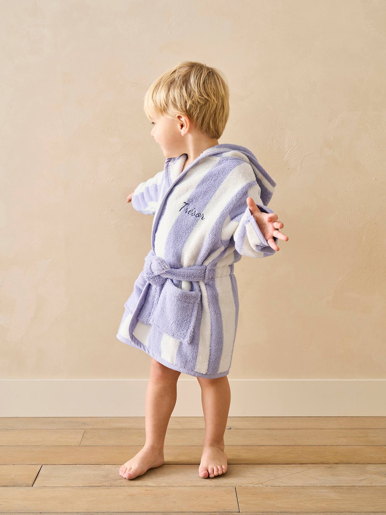 Vertbaudet Badjas Voor Baby's Met Strepen Transat Capsule Familie, Te Personaliseren, Met Gerecycled Katoen Paars, Gestreept