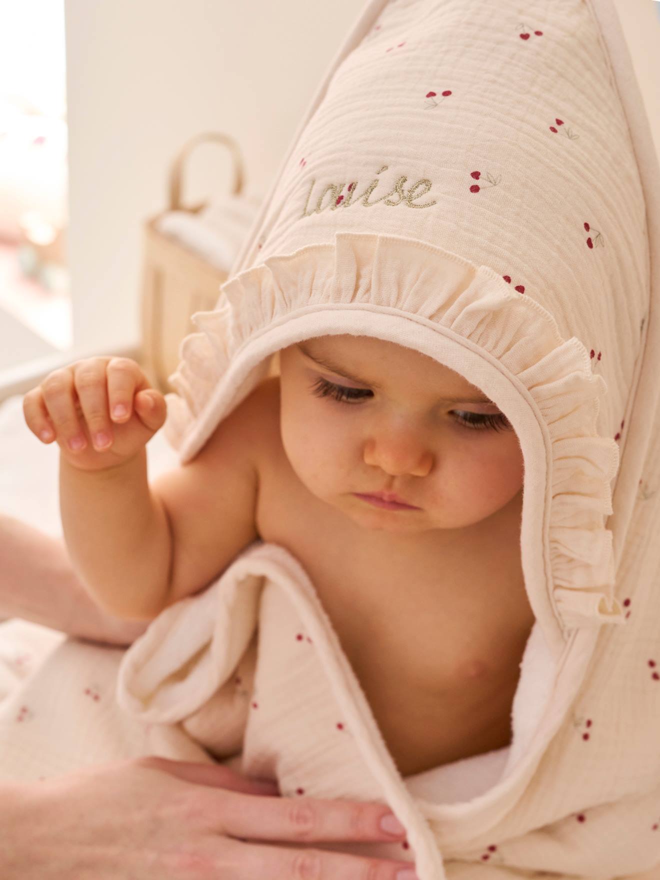 Vertbaudet Personaliseerbare Badcape + Washand Cherry Beige, Bedrukt
