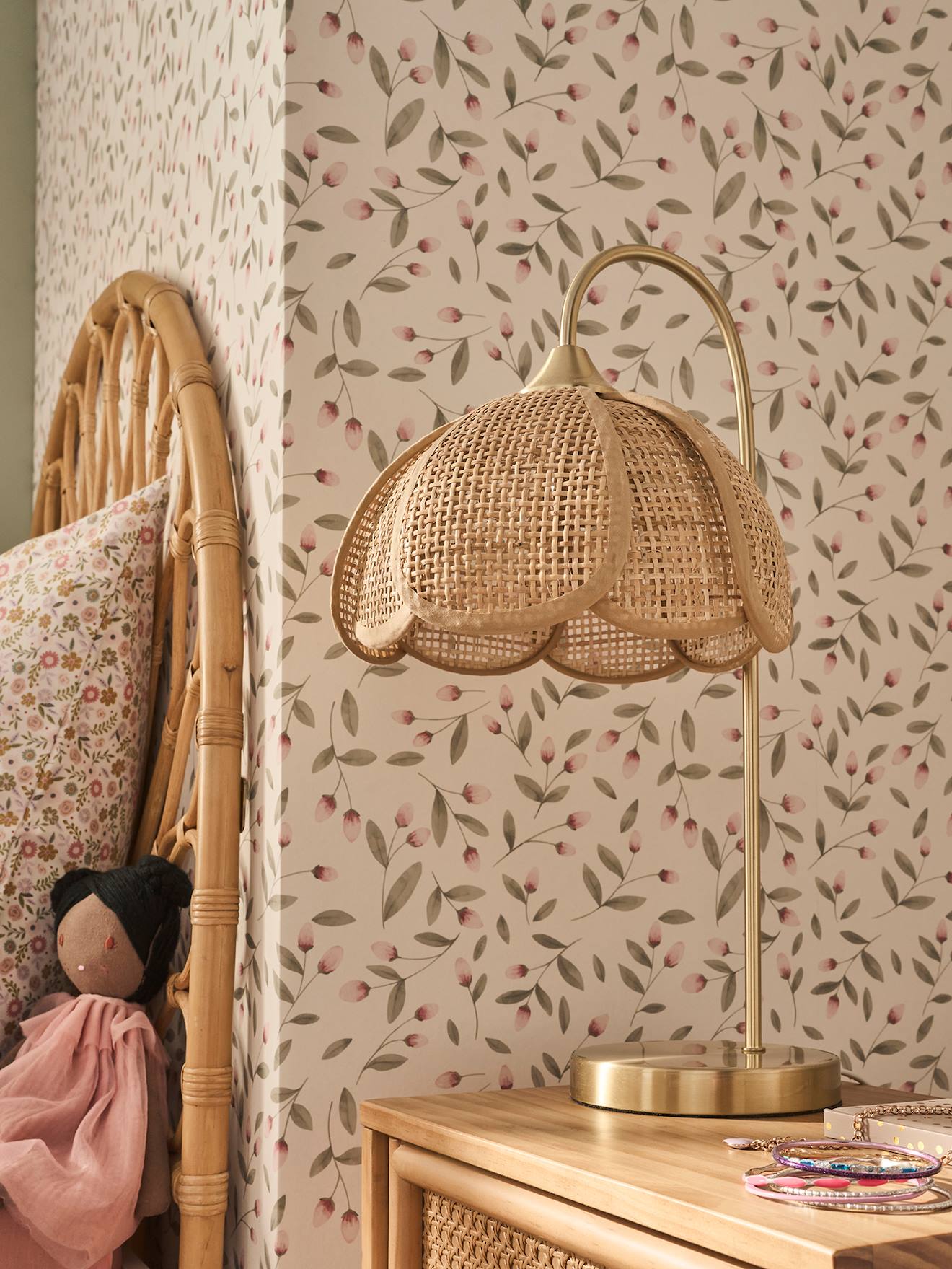 Lampe De Chevet Abat-Jour Laiton Avec Verre Flûte Rose - Décorative Fleur