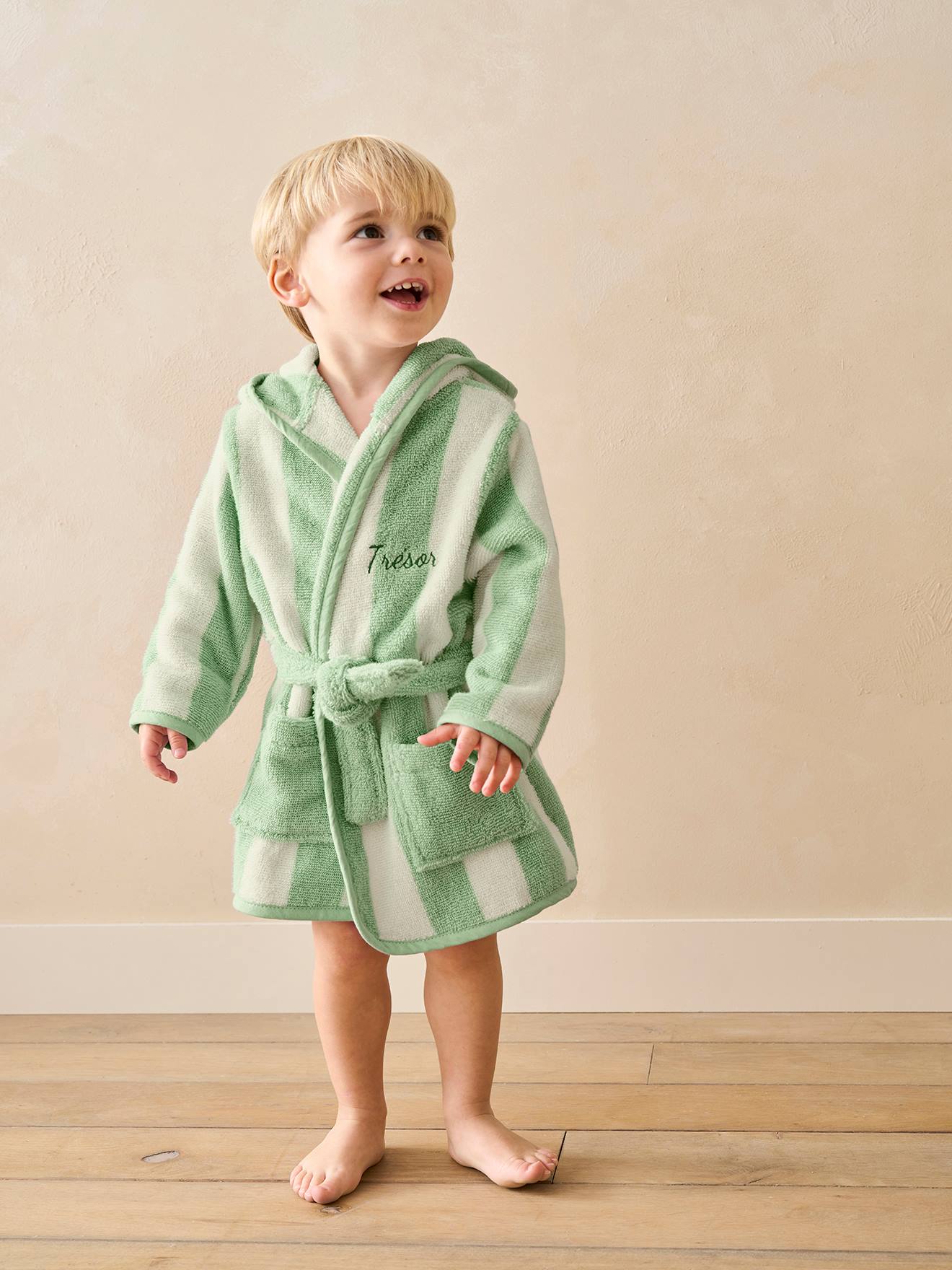 Vertbaudet Badjas Voor Baby's Met Strepen Transat Capsule Familie, Te Personaliseren, Met Gerecycled Katoen Groen, Gestreept