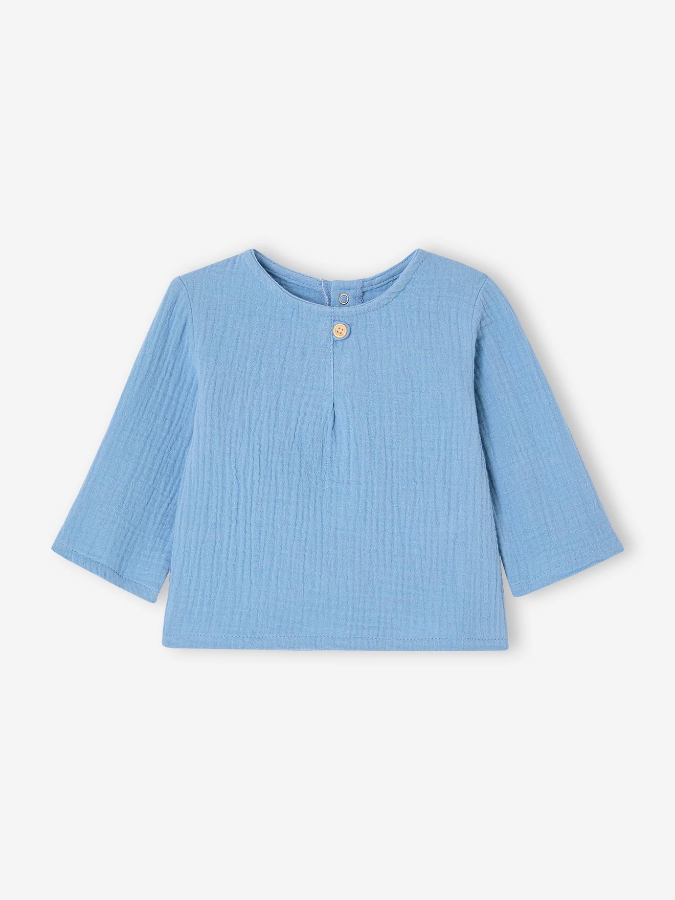 Vertbaudet Babyblouse Popover-stijl Van Katoengaas Bleekblauw