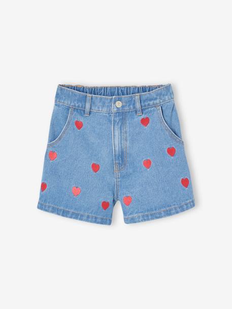 Fille-Short-Short en jean motifs coeurs fille