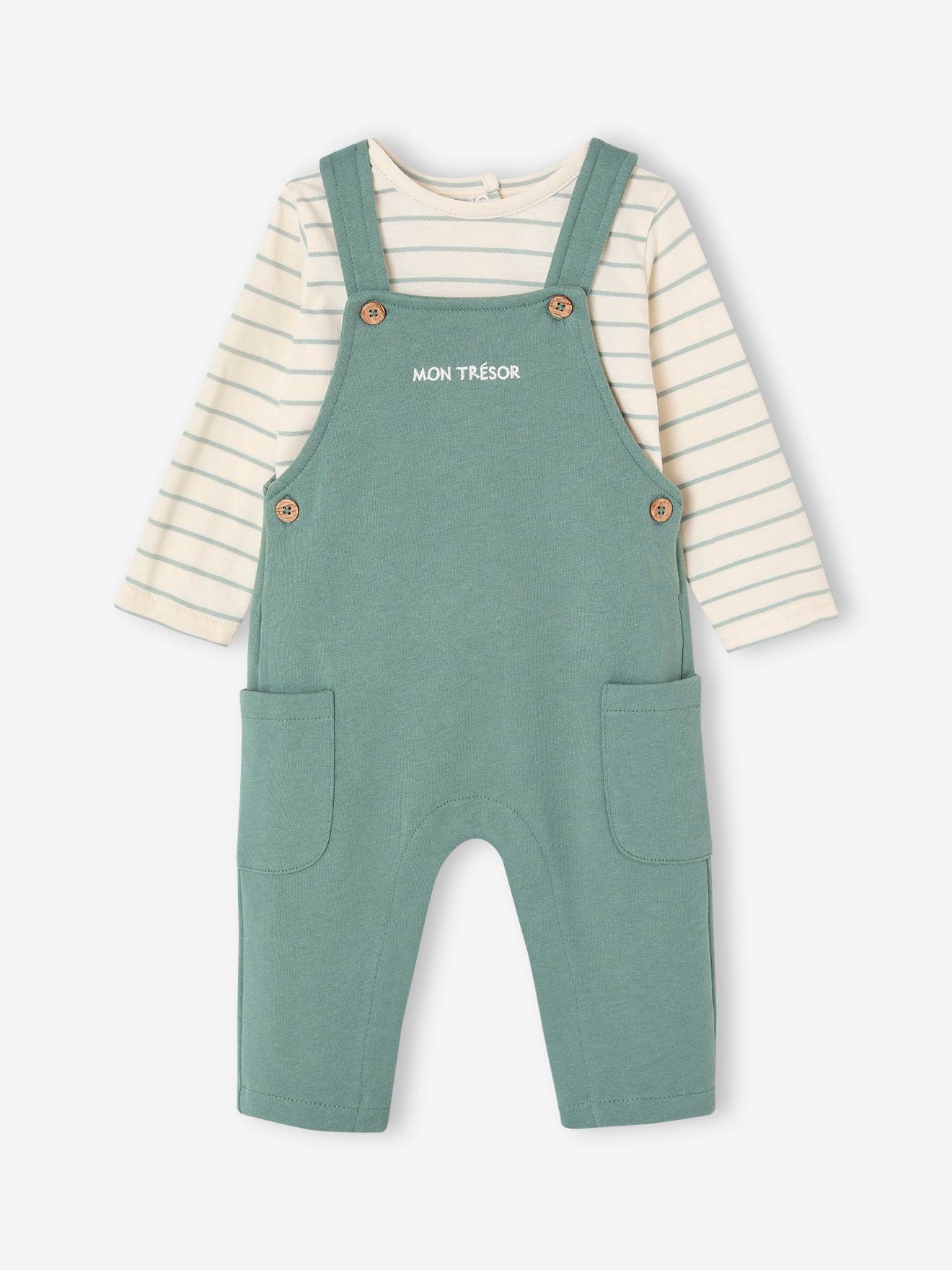 Vertbaudet Fleece Babyset Met Te Personaliseren T-shirt En Tuinbroek Smaragdgroen