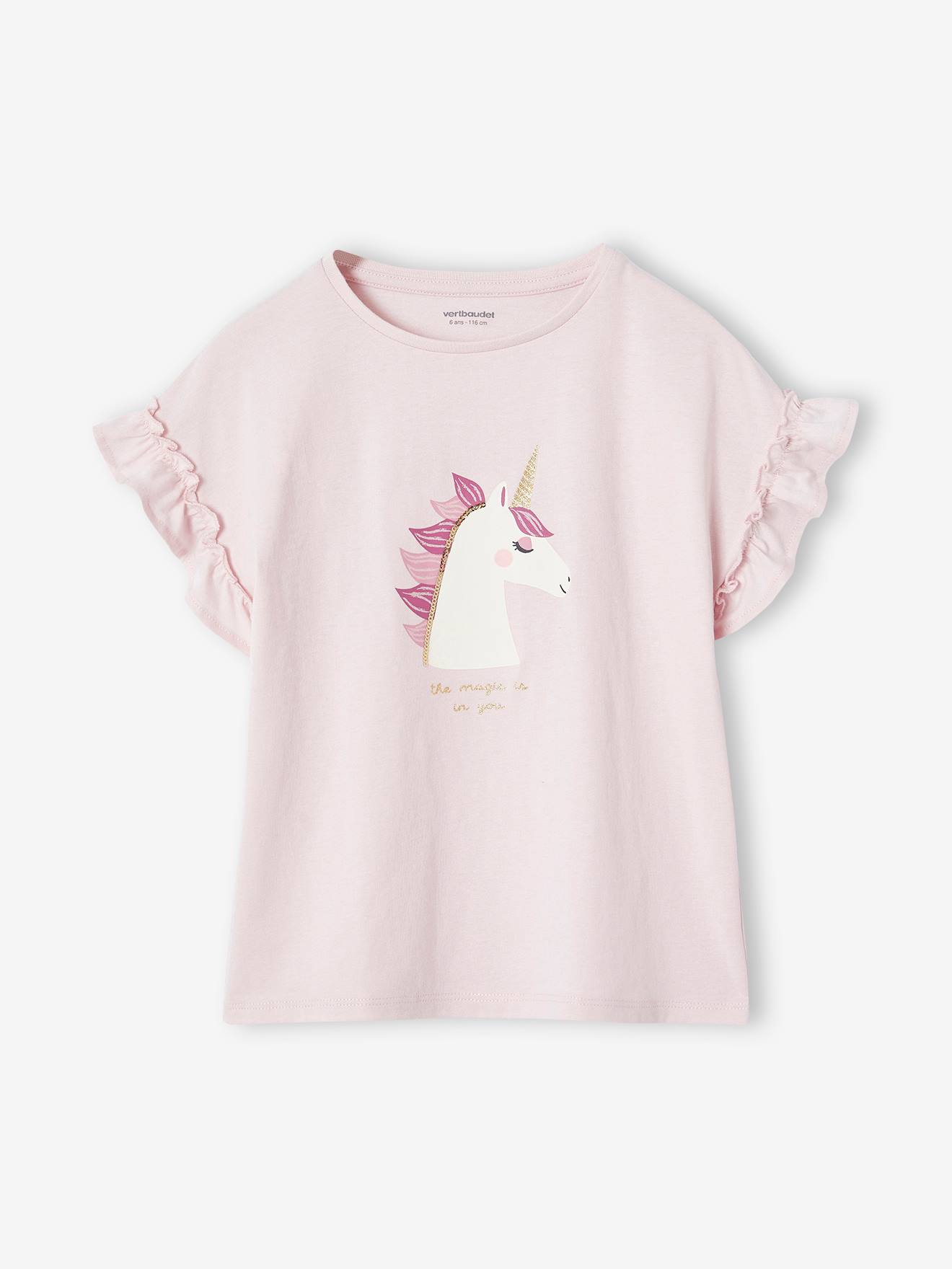 Vertbaudet Meisjes-T-shirt Met Iriserend Motief En Korte Mouwen Met Ruches Lichtroze
