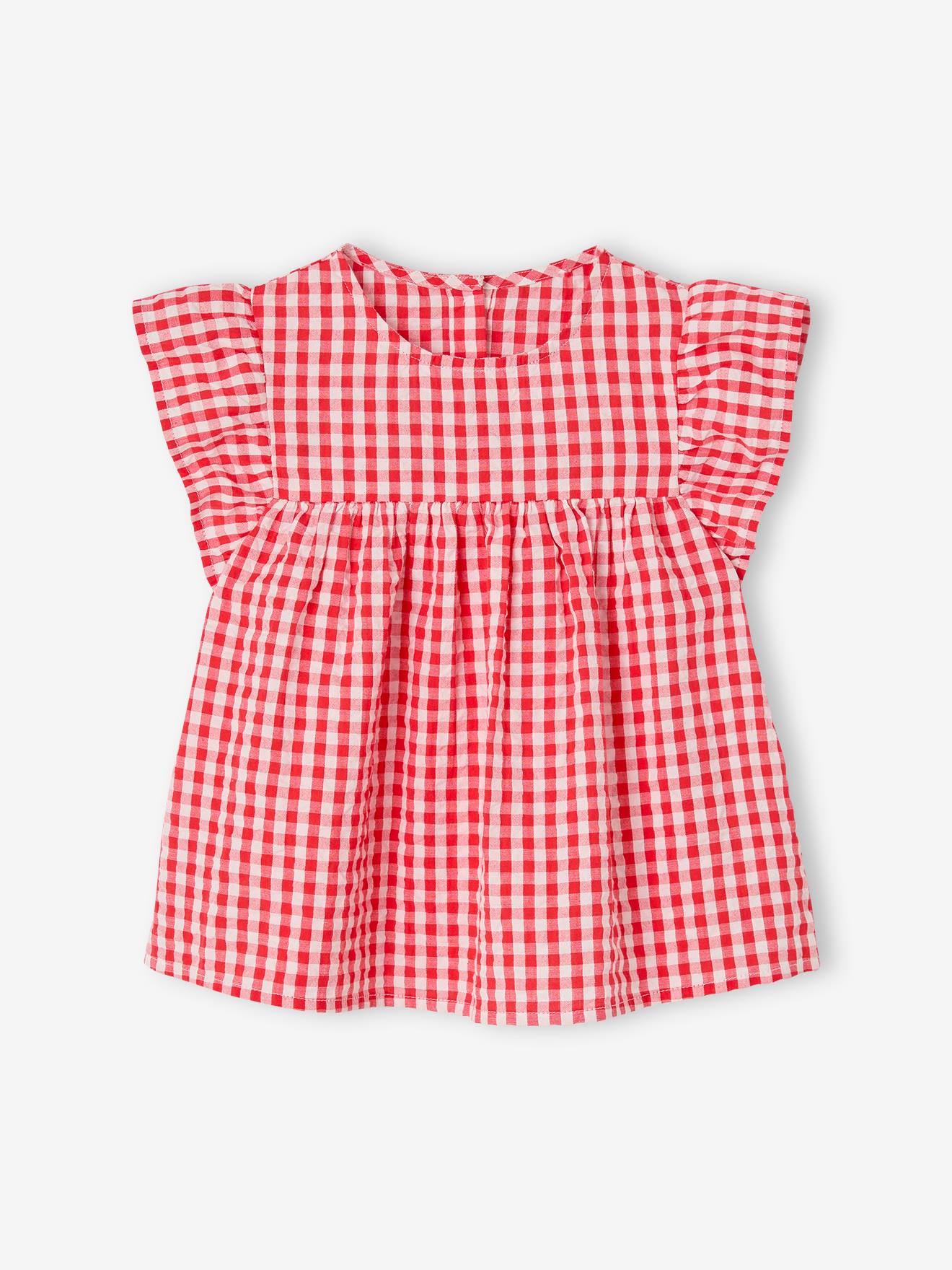 Vertbaudet Gebloemde Meisjesblouse Met Korte Mouwen En Ruches Rood, Geruit