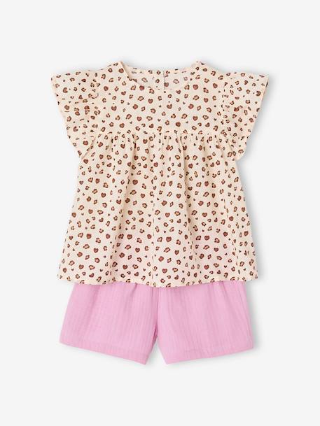 Fille-Short-Ensemble blouse imprimée et short en gaze de coton fille