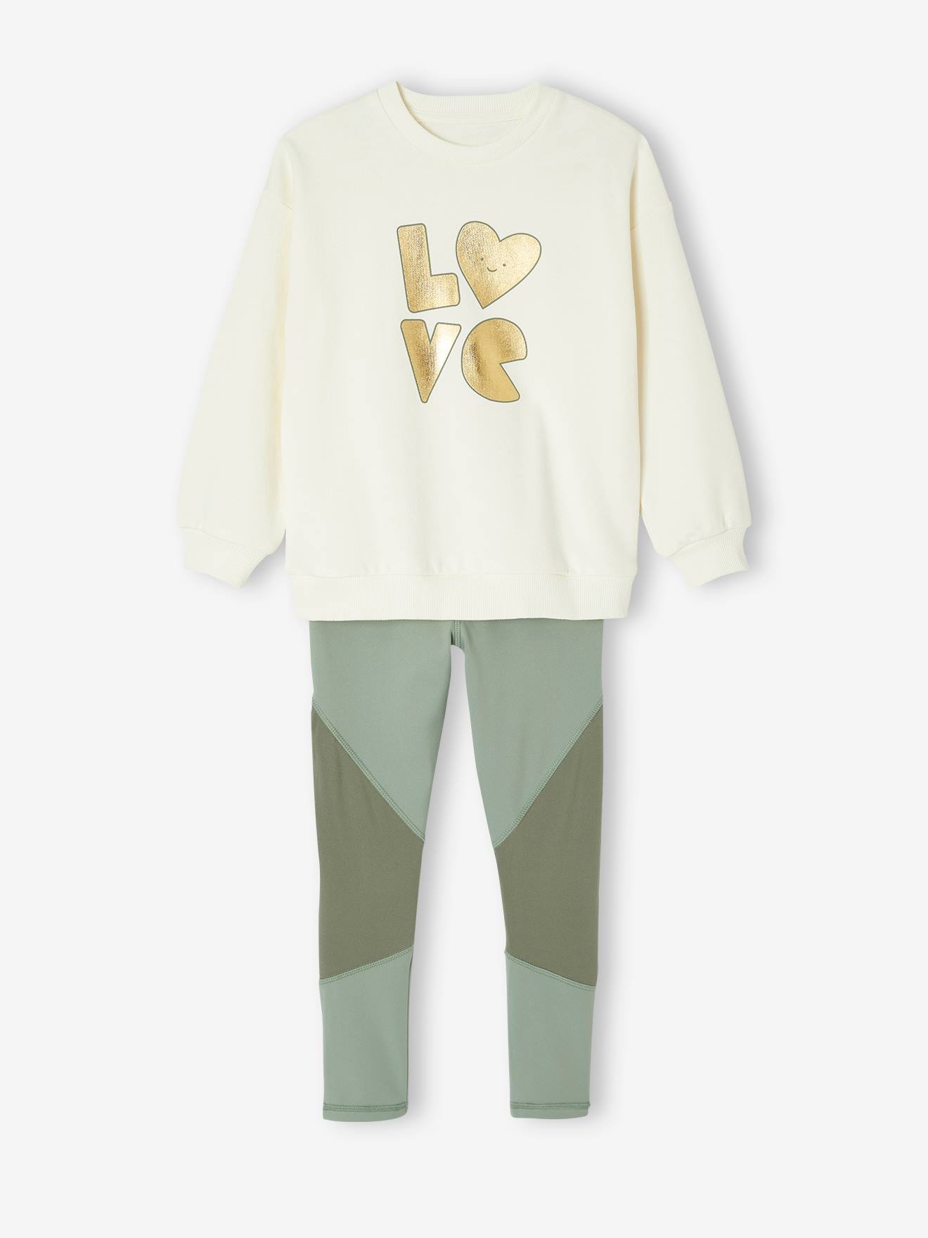 Vertbaudet Meisjes Sportset Sweatshirt Met Goudmotief + Legging Saliegroen