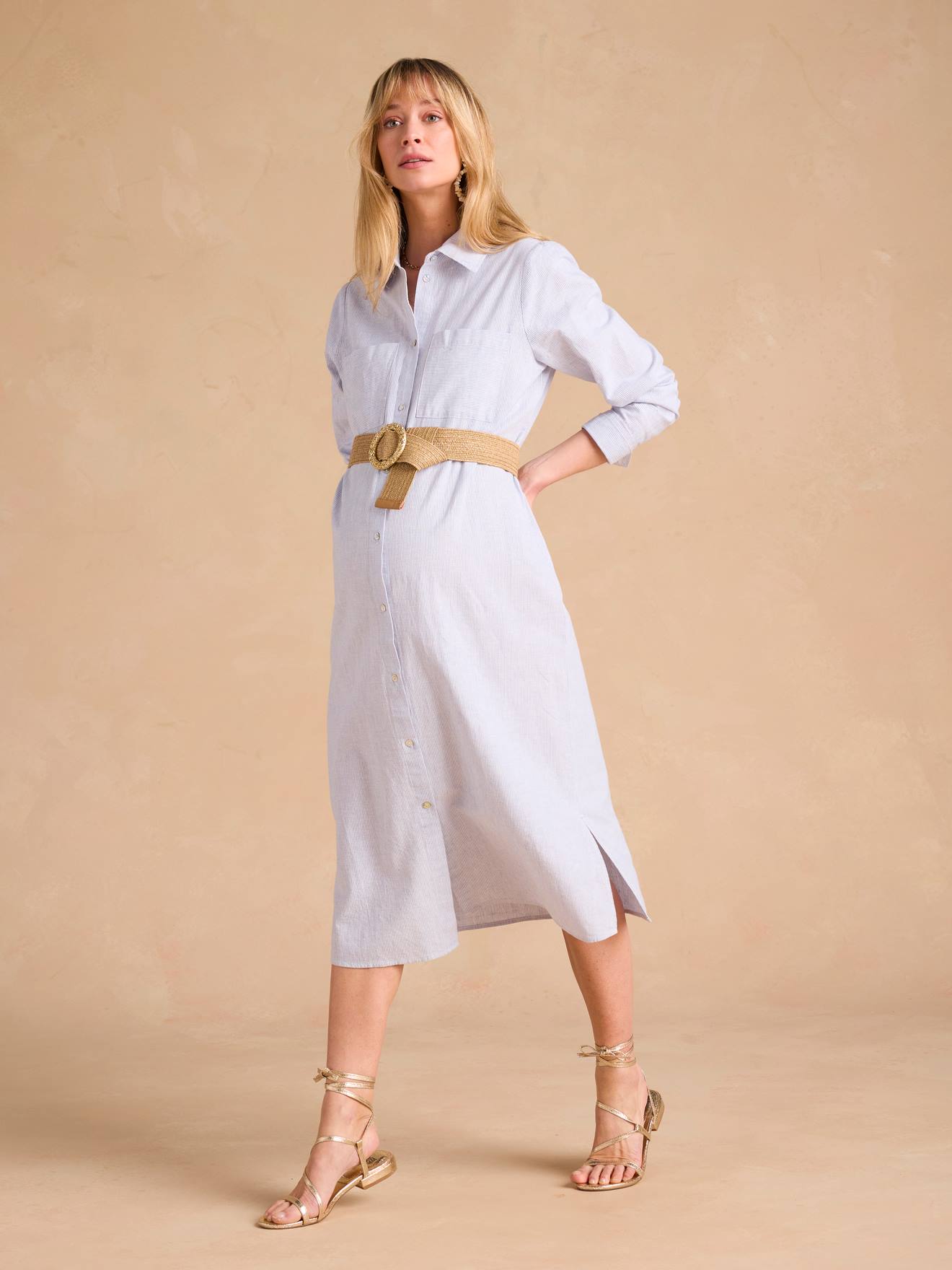 Lange, Katoenen, Linnen-look, Chemise-jurk Voor Zwangerschap En Borstvoeding Envie De Fraise Blauw, Gestreept
