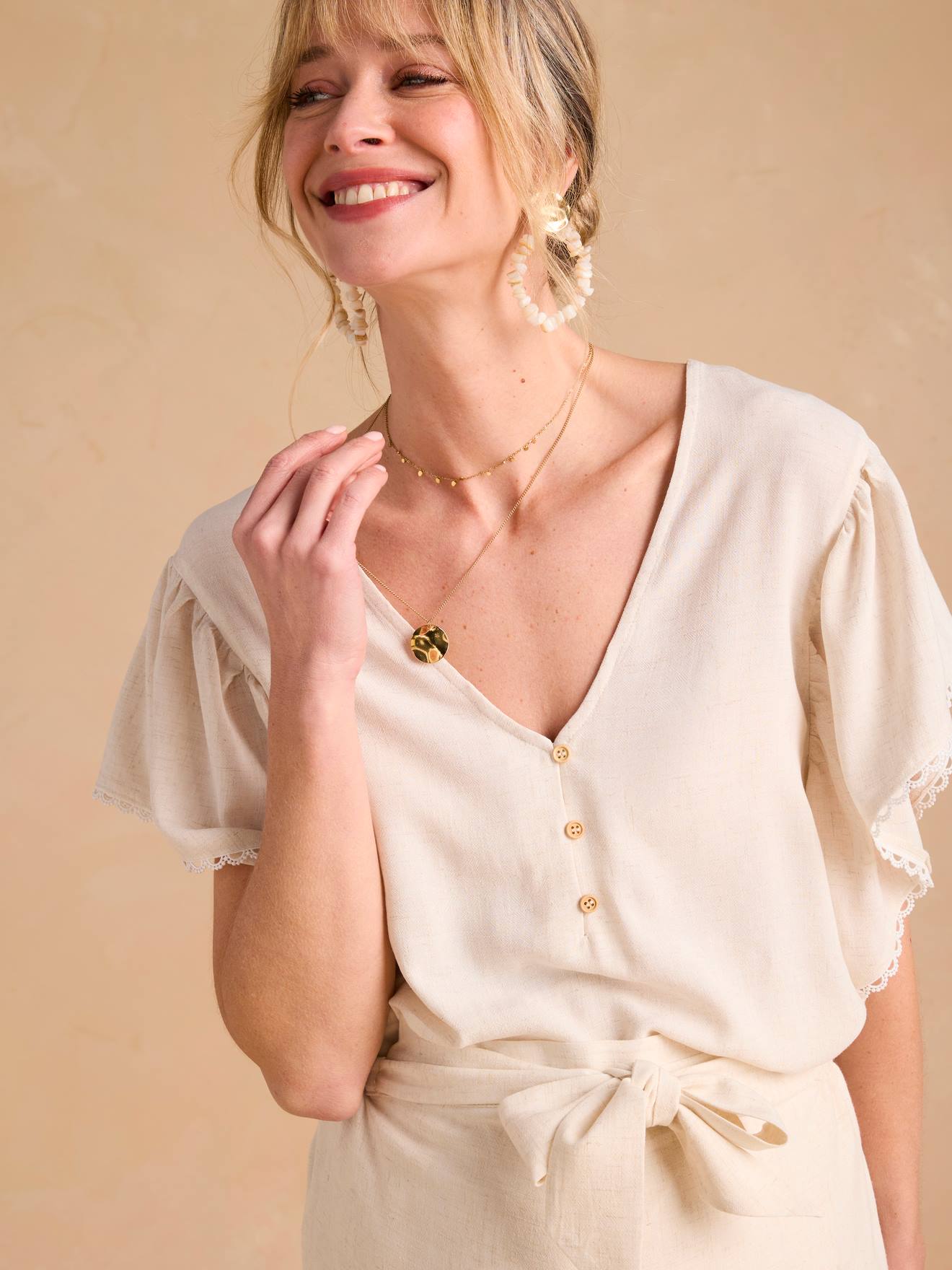Zwangerschaps- En Voedingsblouse Met Linnen Envie De Fraise Beige