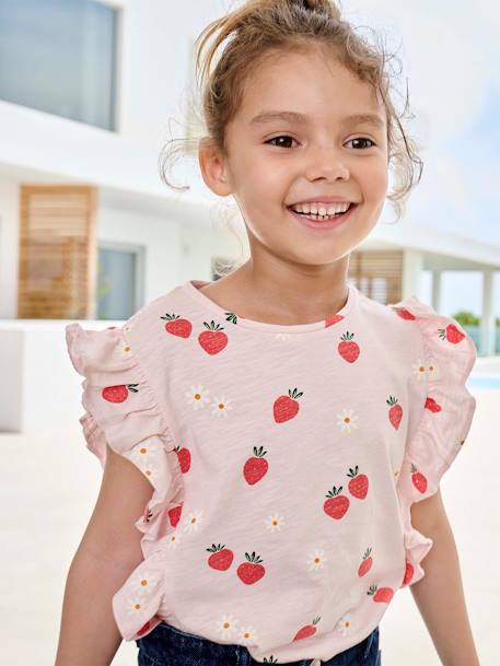 Fille-T-shirt, sous-pull-T-shirt à volants motifs fraises fille