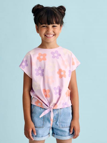 Fille-T-shirt fille imprimé noeud fantaisie manches courtes