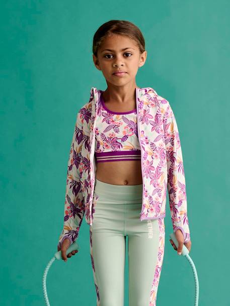 Fille-Pull, gilet, sweat-Sweat sport zippé matière technique fille motifs fleurs