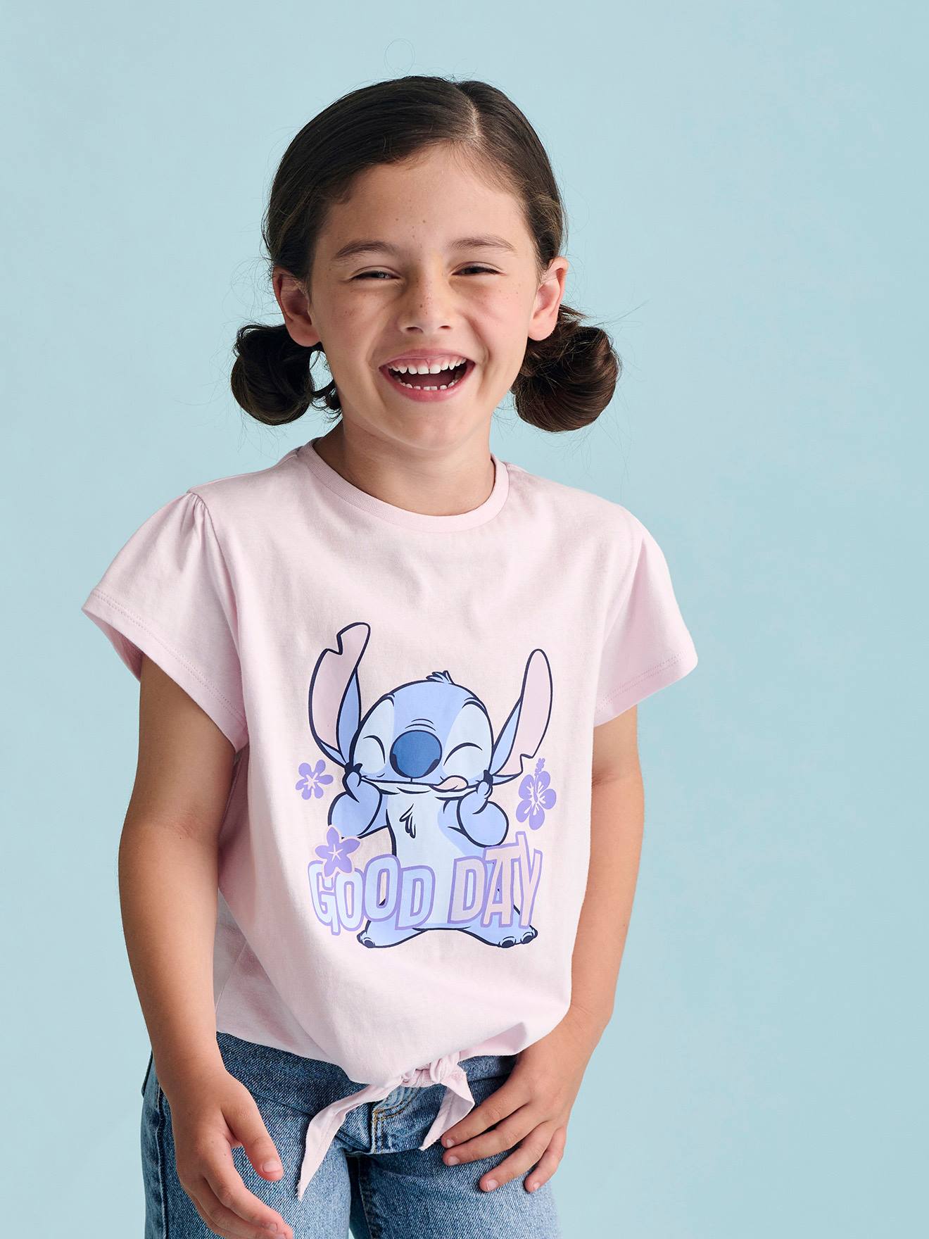 Lilo & Stitch T-shirt Met Knoop "Good Day" Disney® Stitch Korte Mouwen Lila (poederkleur)