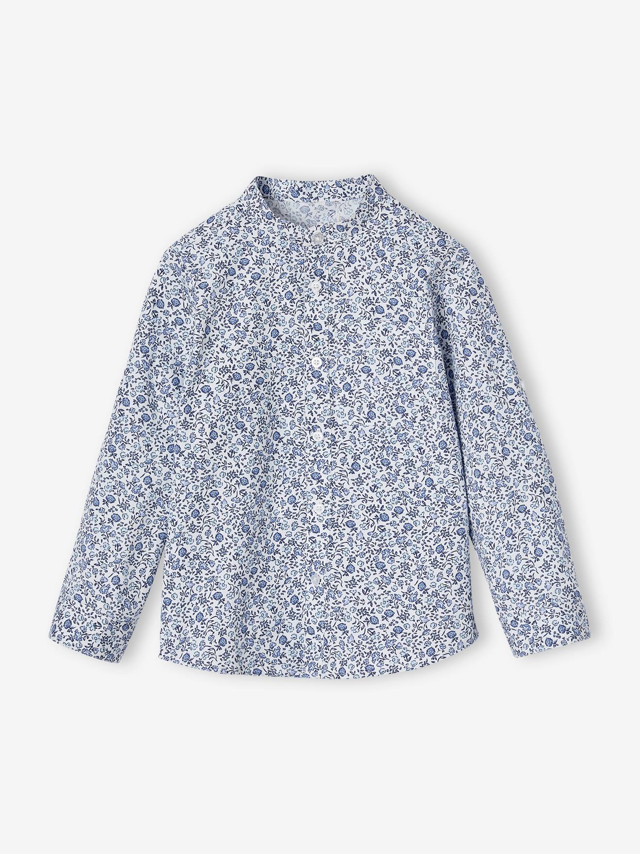 Vertbaudet Jongenshemd Met Bloemenprint En Maokraag Blauw, Bedrukt