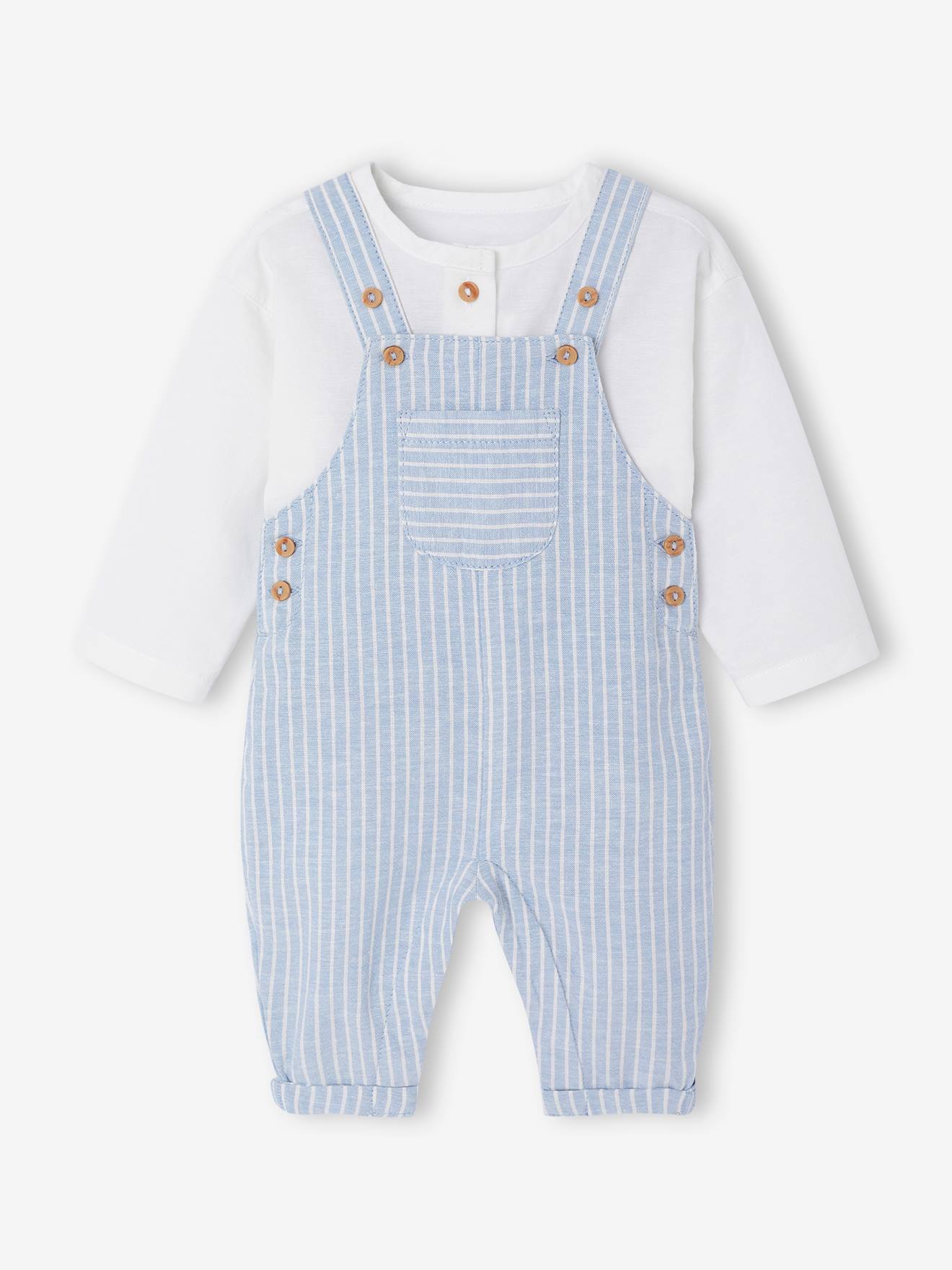 Vertbaudet Set Overhemd En Salopette Newborn In Linnen En Katoen Blauw