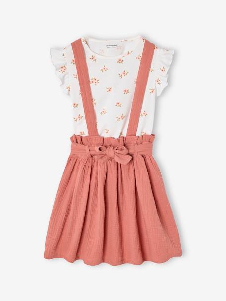 Fille-Ensemble fille t-shirt à volants et jupe à bretelles en gaze de coton