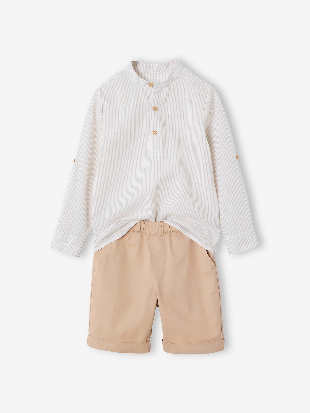 Vertbaudet Net Jongenshemd, Mao-kraag En Korte Broek Beige