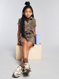 -Combi short en denim imprimé léopard
