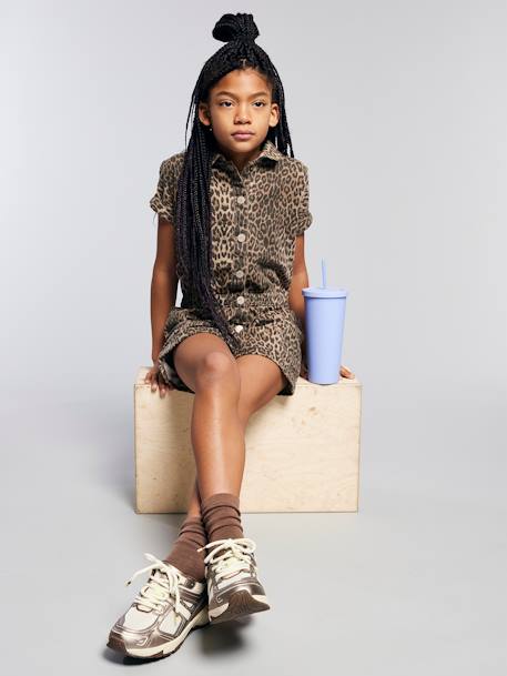 Fille-Combi short en denim imprimé léopard