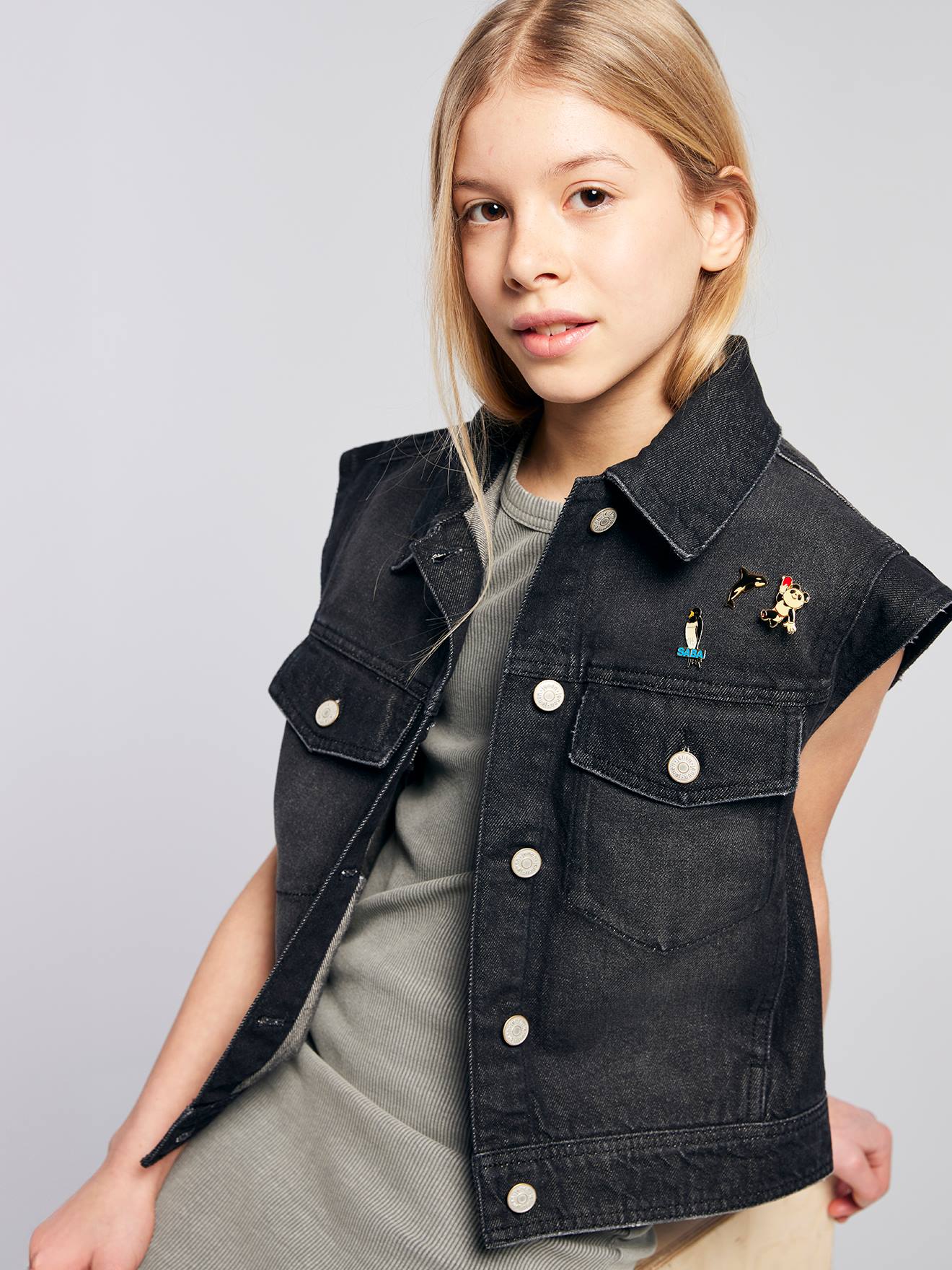 Oversized Vest En Spijkerbroek Zonder Mouwen Voor Meisjes Jonen Denimgrijs