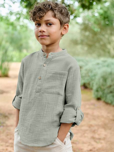Garçon-Chemise en gaze de coton personnalisable garçon manches retroussables