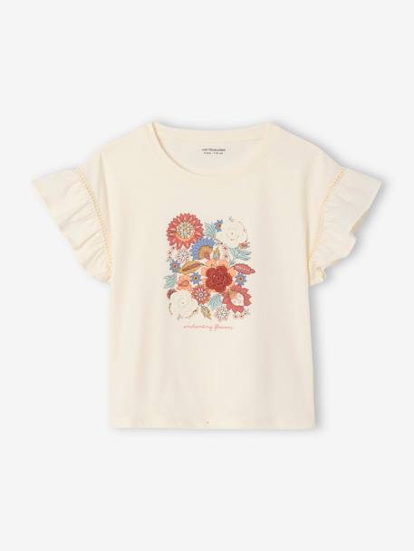 Fille-T-shirt, sous-pull-T-shirt à fleurs brodées fille manches courtes à volant
