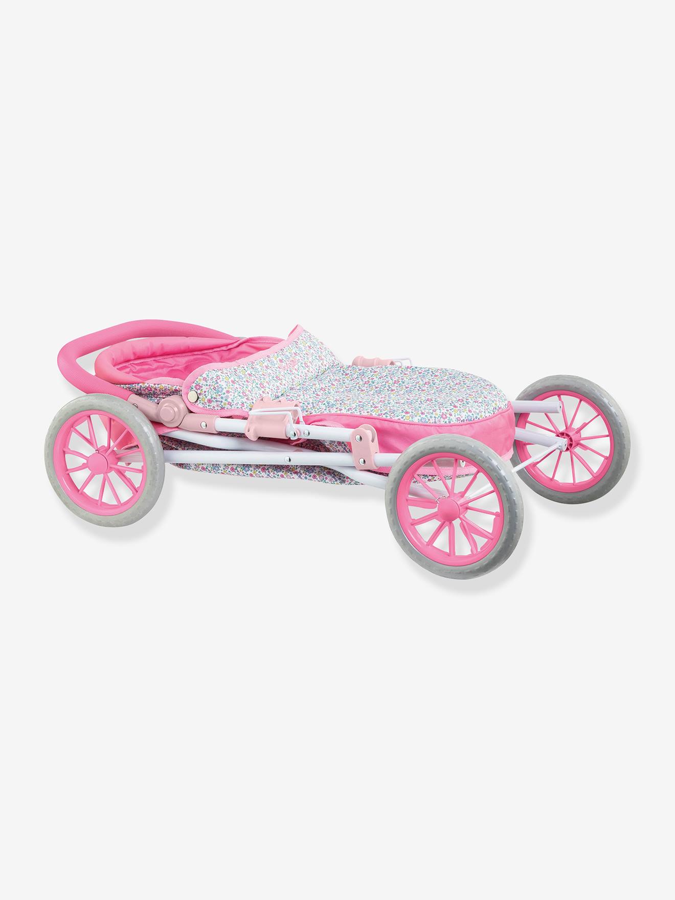 Landau en Bois Gris et Rose pour poupée - dim. 55x31x43 cm - Hauteur poignée 43 cm - Set Accessoire Poupon avec Carte Offerte - Jouet Fille