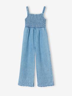 -Combinaison à mocks brodée fleurs fille en denim léger