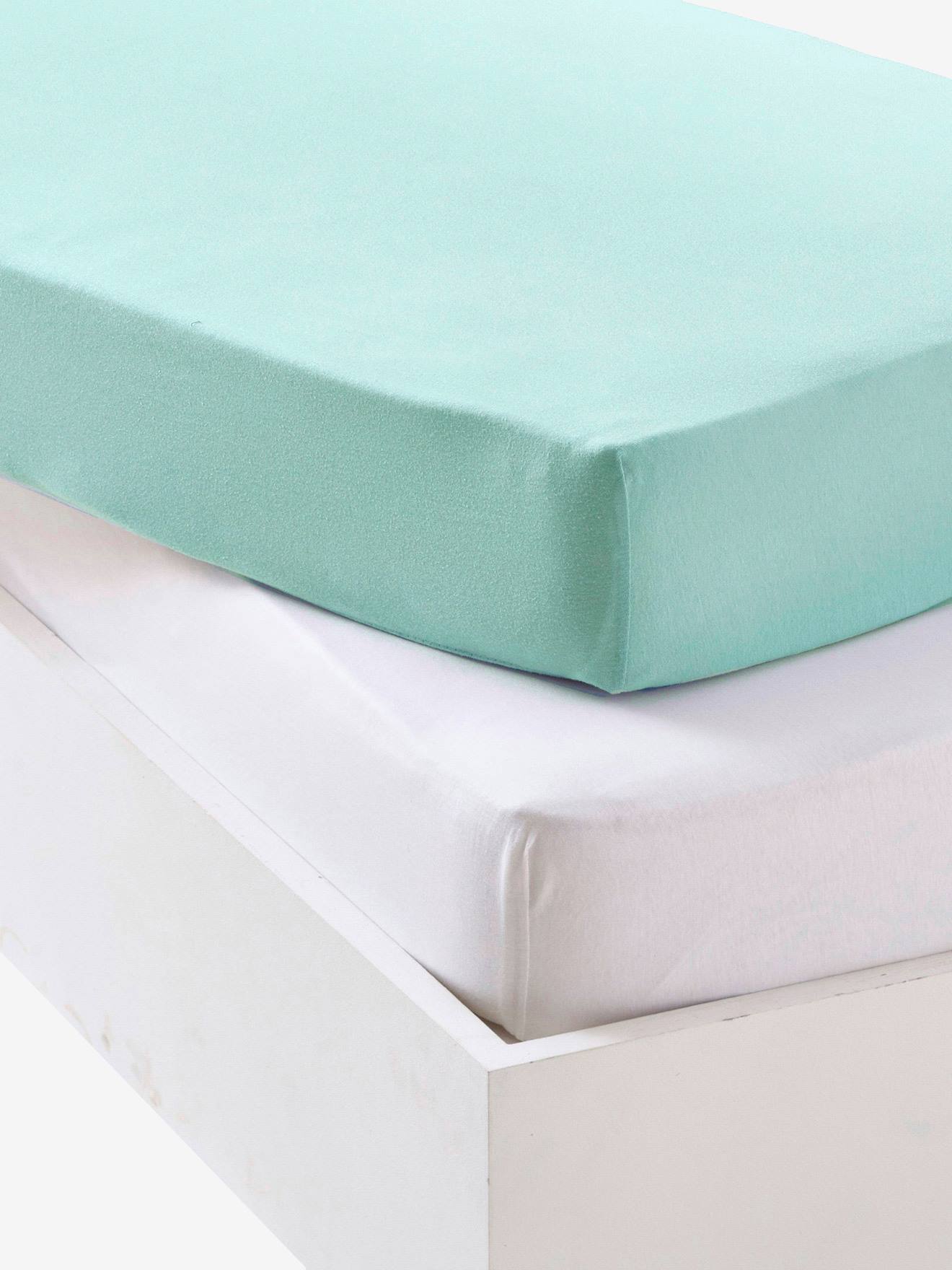 Vertbaudet Set Van Twee Babyhoeslakens Uit Rekbare Jersey Groenblauw + Wit