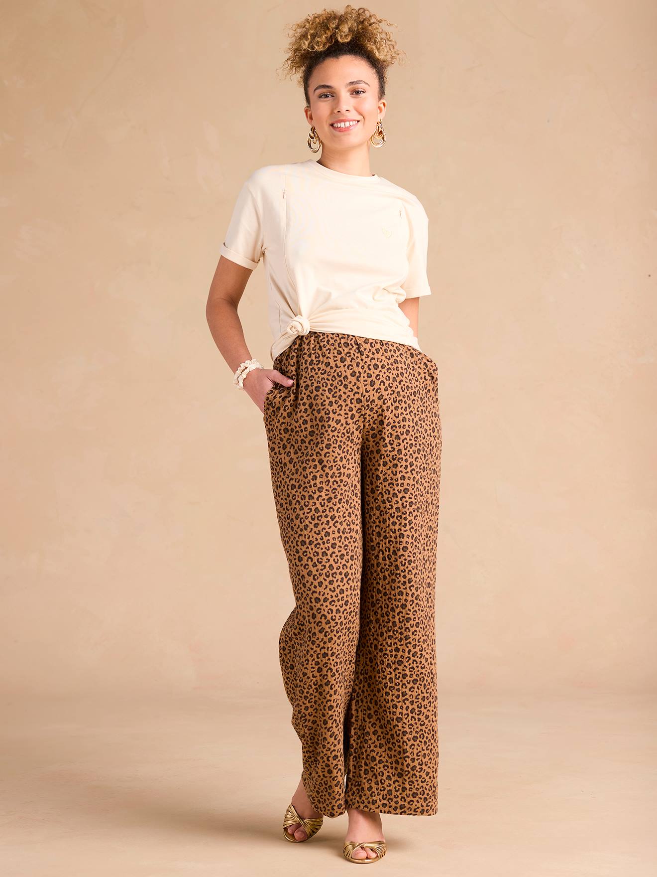 Zwangerschapsbroek Met Luipaardprint In Katoenen Mousseline Envie De Fraise Beige