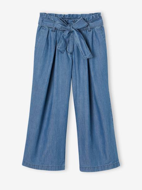 Fille-Pantalon-Pantacourt fille large en denim léger style "paperbag" 