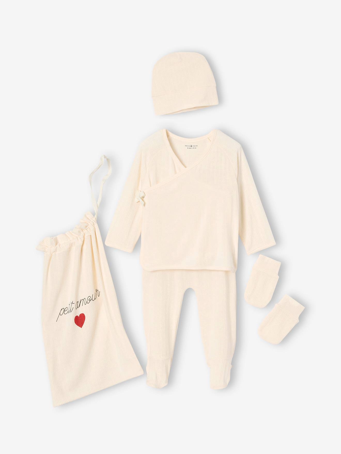 5-delige Geboorteset, Hemdje + Broek + Muts + Handschoenen + Zakje Envie De Fraise Ecru