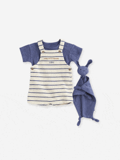 Bébé-Ensemble-Coffret 3 pièces tee-shirt + salopette + doudou bébé personnalisable