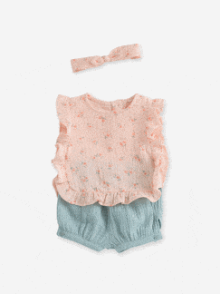 Bébé-Ensemble-Ensemble bébé : blouse + short + bandeau en gaze de coton