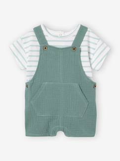 Bébé-Ensemble-Ensemble t-shirt rayé et salopette courte personnalisable en gaze de coton bébé